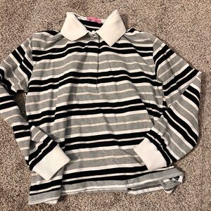 Edikted Black and Gray Striped Long Sleeve Polo